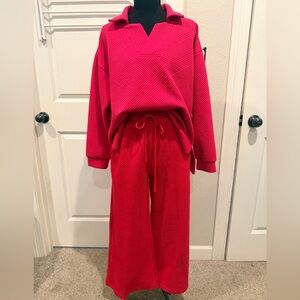 Matching Set Wide Leg Pull-On Pants - Vibrant Pink Textured Print